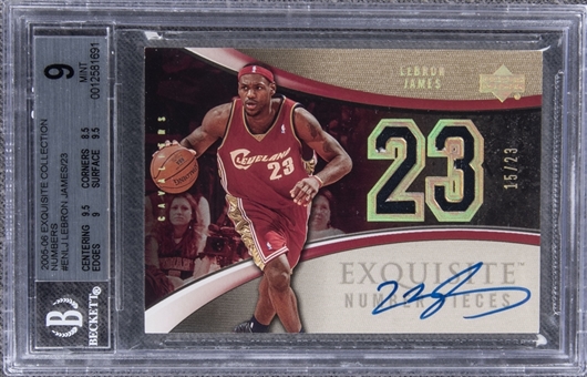 2005-06 UD "Exquisite Collection" Number Pieces Auto. #ENLJ LeBron James Signed Game Used Patch Card (#15/23) – BGS MINT 9/BGS 10